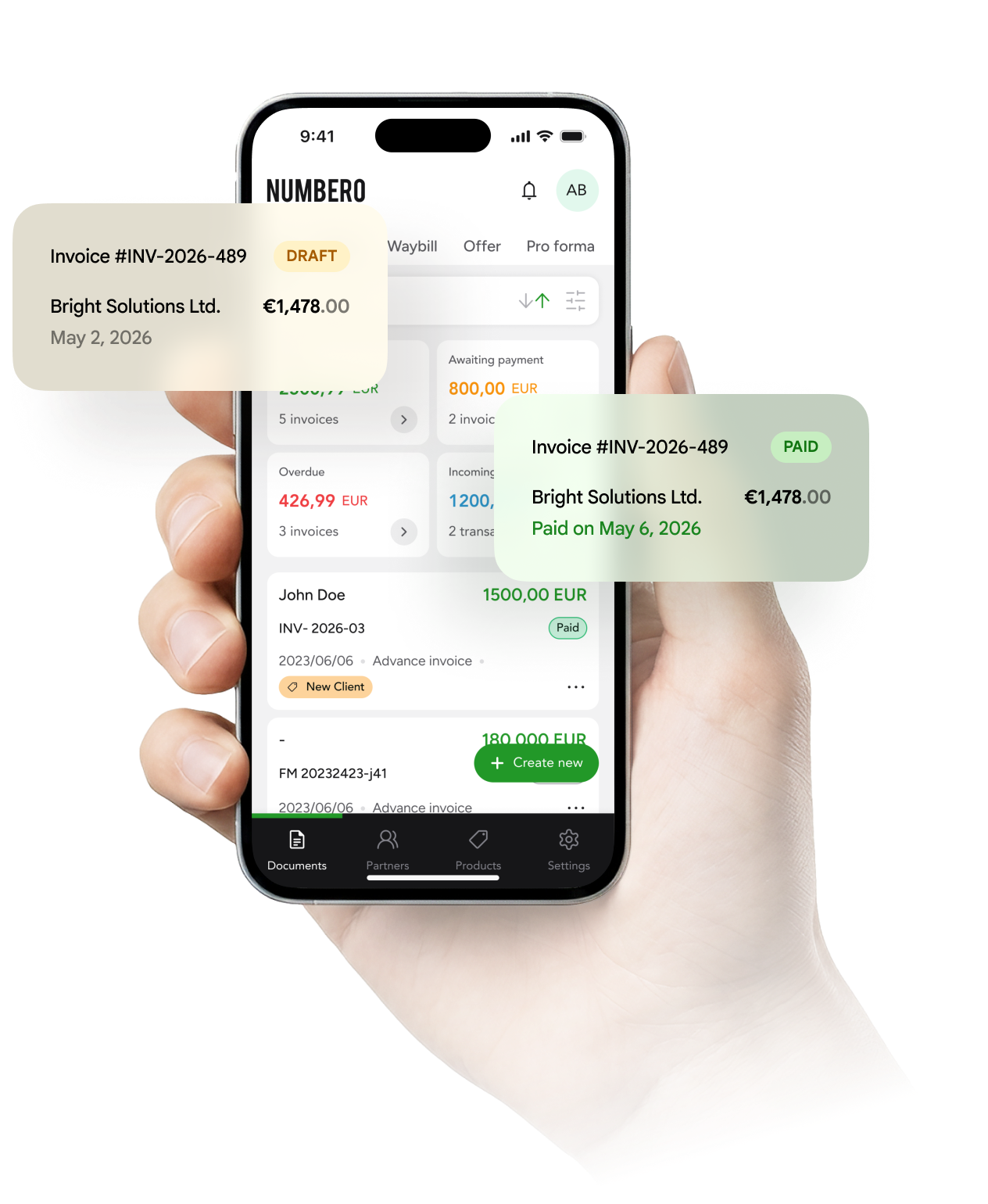 NUMBERO mobile app: invoice dashboard with paid, awaiting and overdue totals